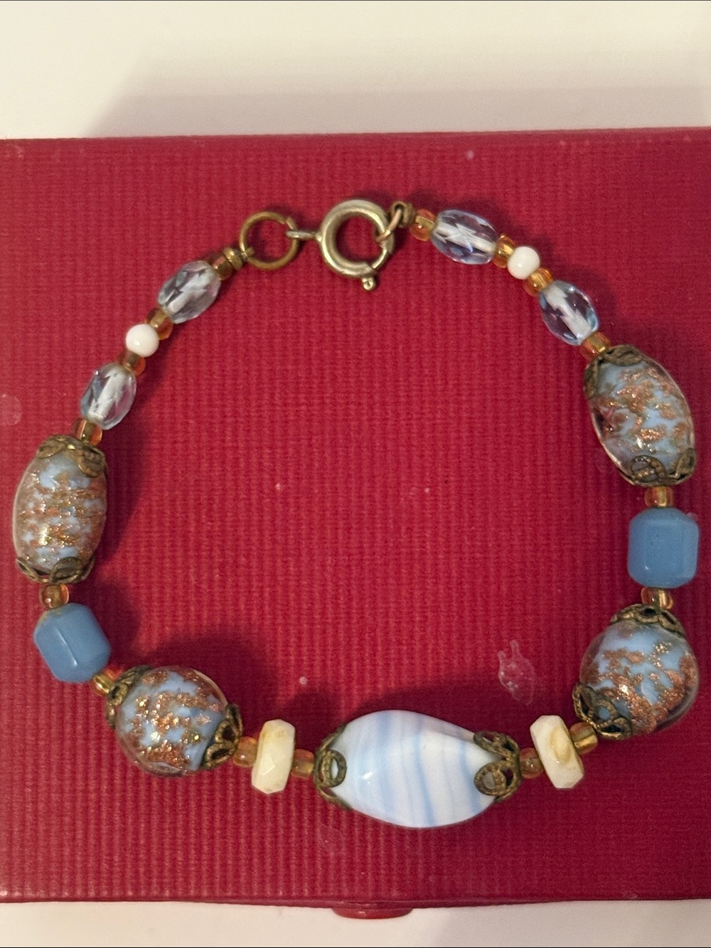 VINTAGE HANDMADE BRACELET BLUE GOLD GLASS VENETIAN BEADS BIRTHDAY CAKE CRYSTAL